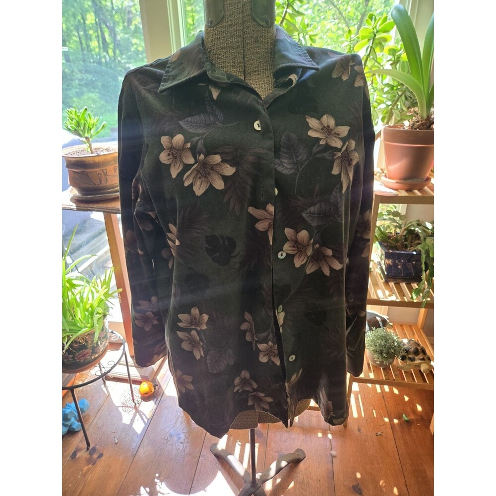 La Cabana Women's 1X Tropical Floral Button Front Blouse Green Long Sleeve